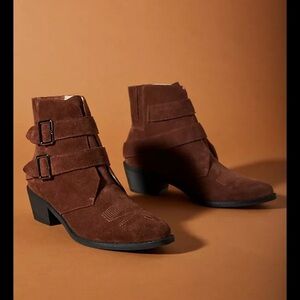 Anthropologie Double Buckle Ankle Boots suede casual western boho fall $120